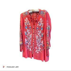 NWOT  Ornately embroidered Johnny Was button-down tunic blouse, size small.
